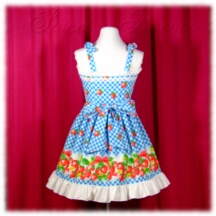 Jumper Skirt #12876 - Bridged Bodice with Bowtie Straps (BJ02-TR07) w/ Blue Strawberries and Checks + Gathered Skirt (SK02-TR08) w/ Blue Strawberries and Checks