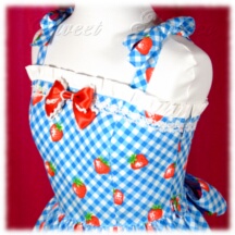 Jumper Skirt #12876 - Bridged Bodice with Bowtie Straps (BJ02-TR07) w/ Blue Strawberries and Checks + Gathered Skirt (SK02-TR08) w/ Blue Strawberries and Checks