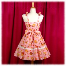 Jumper Skirt #1608 - Bridged Bodice with Bowtie Straps (BJ02-TR01) w/ Pink Sweets and Lace + Flared Skirt (SK01-TR06) w/ Pink Sweets and Lace