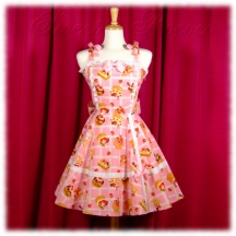 Jumper Skirt #1608 - Bridged Bodice with Bowtie Straps (BJ02-TR01) w/ Pink Sweets and Lace + Flared Skirt (SK01-TR06) w/ Pink Sweets and Lace