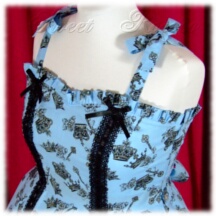 Jumper Skirt #21715 - Sweetheart Bodice with Bowtie Straps (BJ05-TR03) w/ Light Blue Crowns and Keys + Flared Skirt (SK01-TR15) w/ Light Blue Crowns and Keys