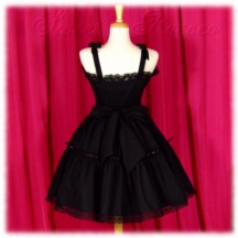 Jumper Skirt #32723 - Bridged Bodice with Bowtie Straps (BJ02-TR02) w/ Black Cotton Poplin Solid + Two-Tier Skirt (SK03-TR03) w/ Black Cotton Poplin Solid