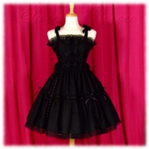 Jumper Skirt #32723 - Bridged Bodice with Bowtie Straps (BJ02-TR02) w/ Black Cotton Poplin Solid + Two-Tier Skirt (SK03-TR03) w/ Black Cotton Poplin Solid