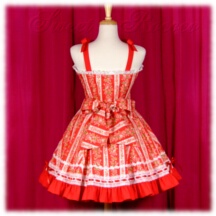 Jumper Skirt #45725 - Bridged Bodice with Bowtie Straps (BJ02-TR02) w/ Red Lacey Strawberries and Roses + Flared Skirt (SK01-TR13) w/ Red Lacey Strawberries and Roses
