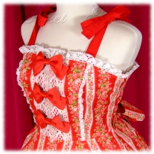 Jumper Skirt #45725 - Bridged Bodice with Bowtie Straps (BJ02-TR02) w/ Red Lacey Strawberries and Roses + Flared Skirt (SK01-TR13) w/ Red Lacey Strawberries and Roses