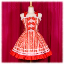 Jumper Skirt #45725 - Bridged Bodice with Bowtie Straps (BJ02-TR02) w/ Red Lacey Strawberries and Roses + Flared Skirt (SK01-TR13) w/ Red Lacey Strawberries and Roses