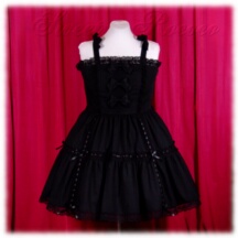 Jumper Skirt #48029 - Bridged Bodice with Bowtie Straps (BJ02-TR02) w/ Black Cotton Poplin Solid + Two-Tier Skirt (SK03-TR03) w/ Black Cotton Poplin Solid