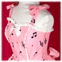 Jumper Skirt #6706 - Sweetheart Bodice with Bowtie Straps (BJ05-TR01) w/ Pink Musical Note + Gathered Skirt (SK02-TR10) w/ Pink Musical Note