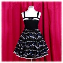 Jumper Skirt #893 - Bridged Bodice (BJ01-TR04) w/ Black Cotton Poplin Solid + Flared Skirt (SK01-TR01) w/ Black Merry-Go-Round